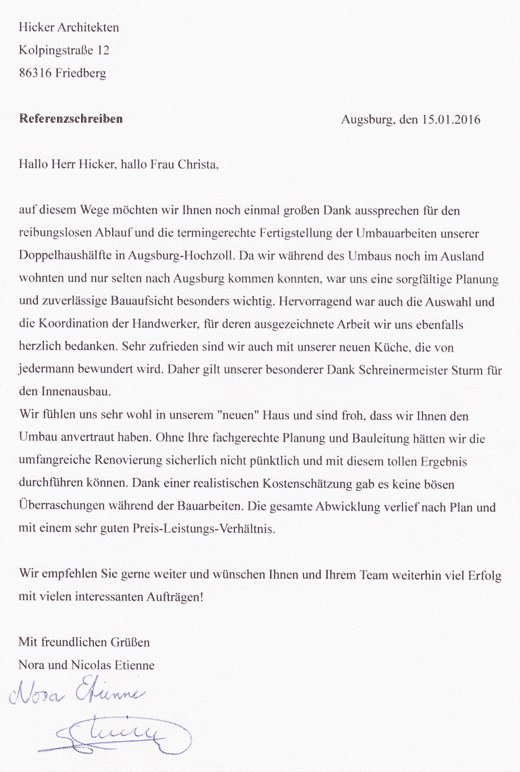 Referenzschreiben Fam. Etienne, Augsburg