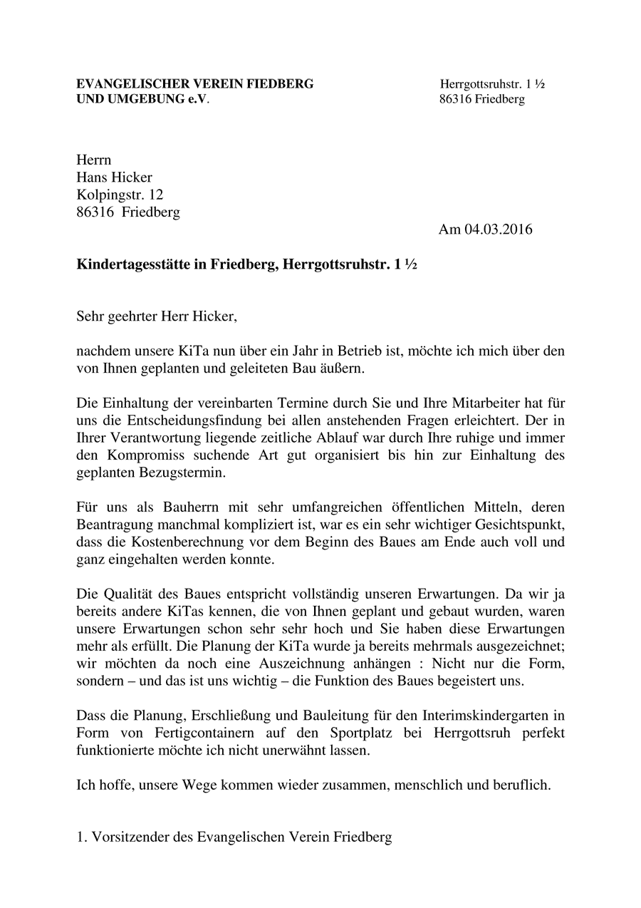 Referenzschreiben Evangelischer Kindergarten, Friedberg