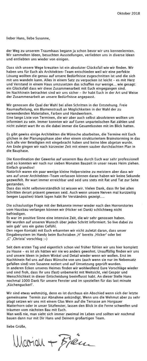 Referenzschreiben Haus L, Horgau