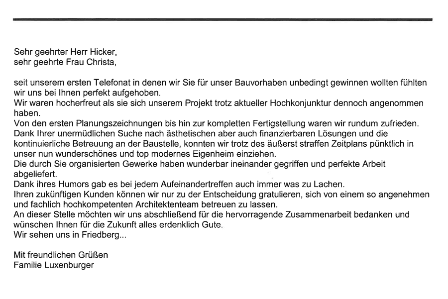 Referenzschreiben Haus L, Horgau