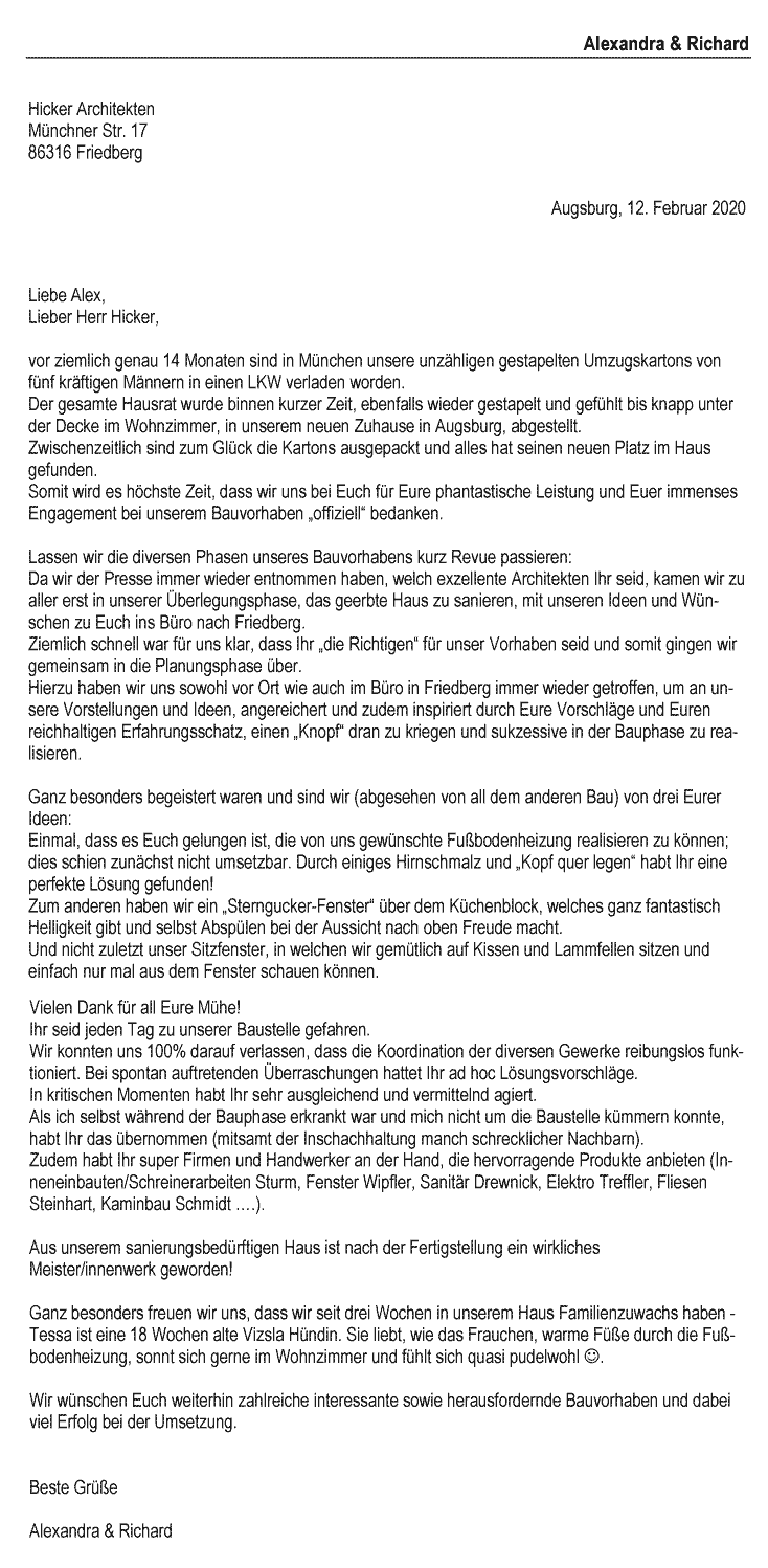 Referenzschreiben Umbau Bungalow R, Hochzoll