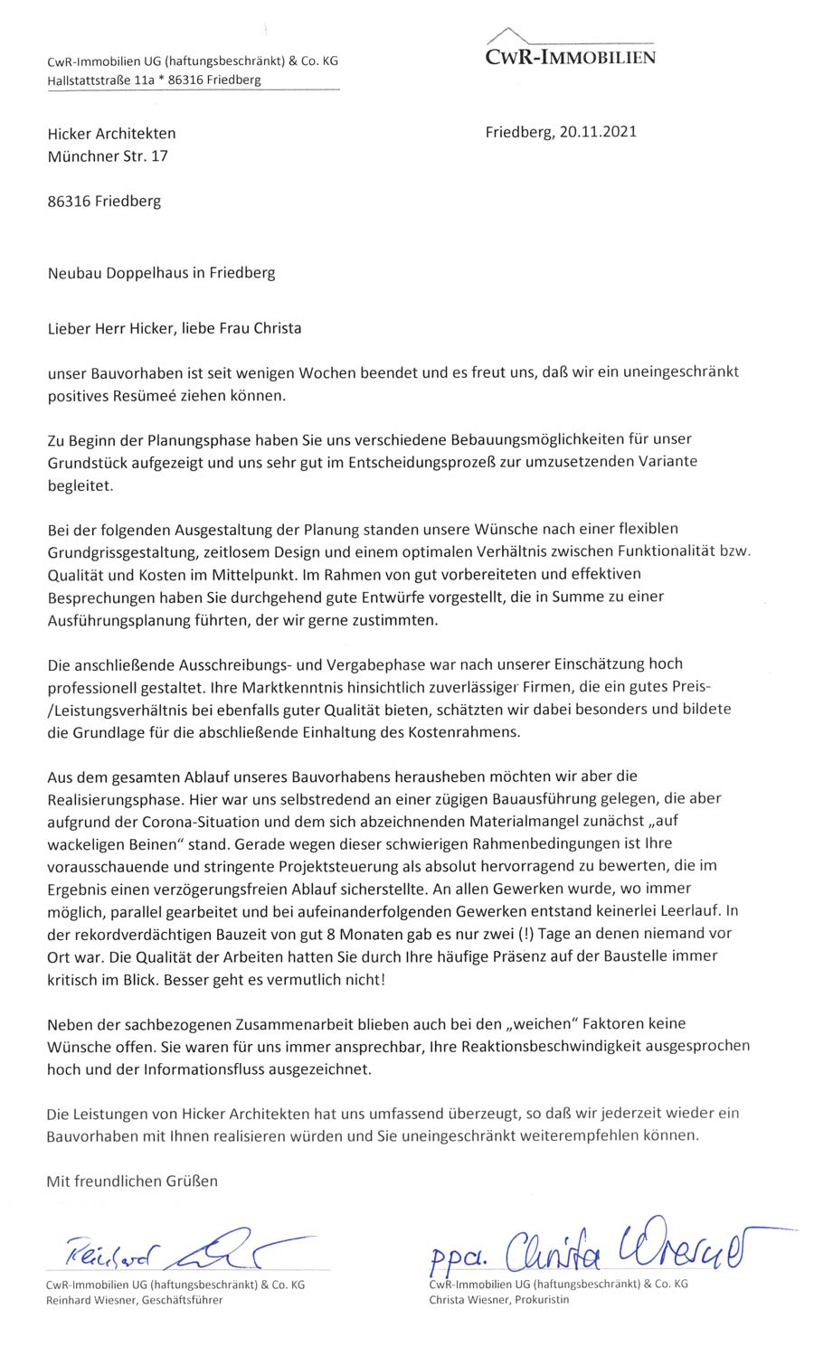 Referenzschreiben Umbau Bungalow R, Hochzoll