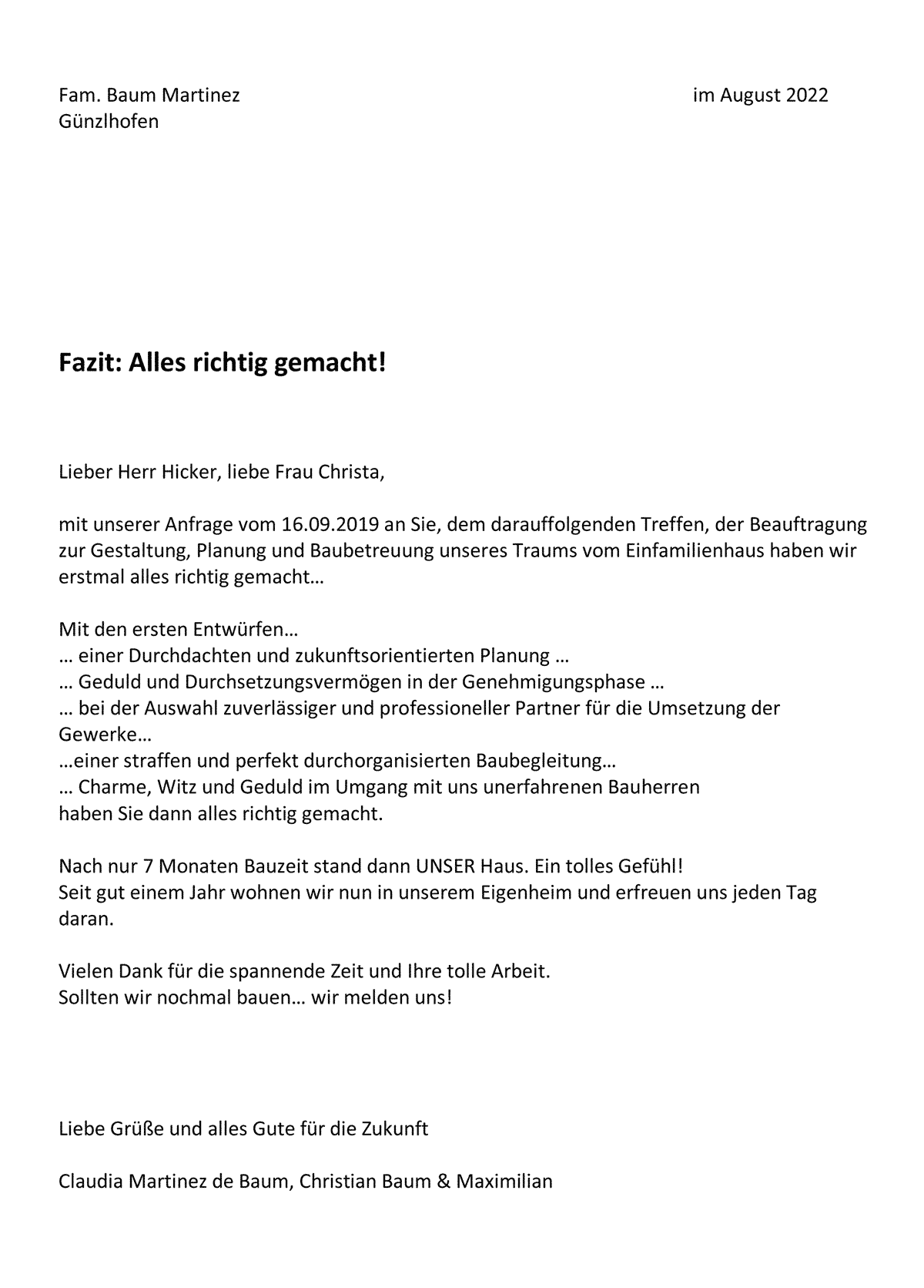 Referenzschreiben Umbau Bungalow R, Hochzoll