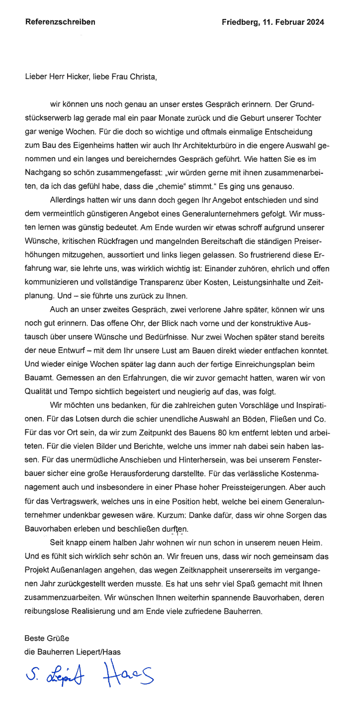 Referenzschreiben Haus LH, Friedberg