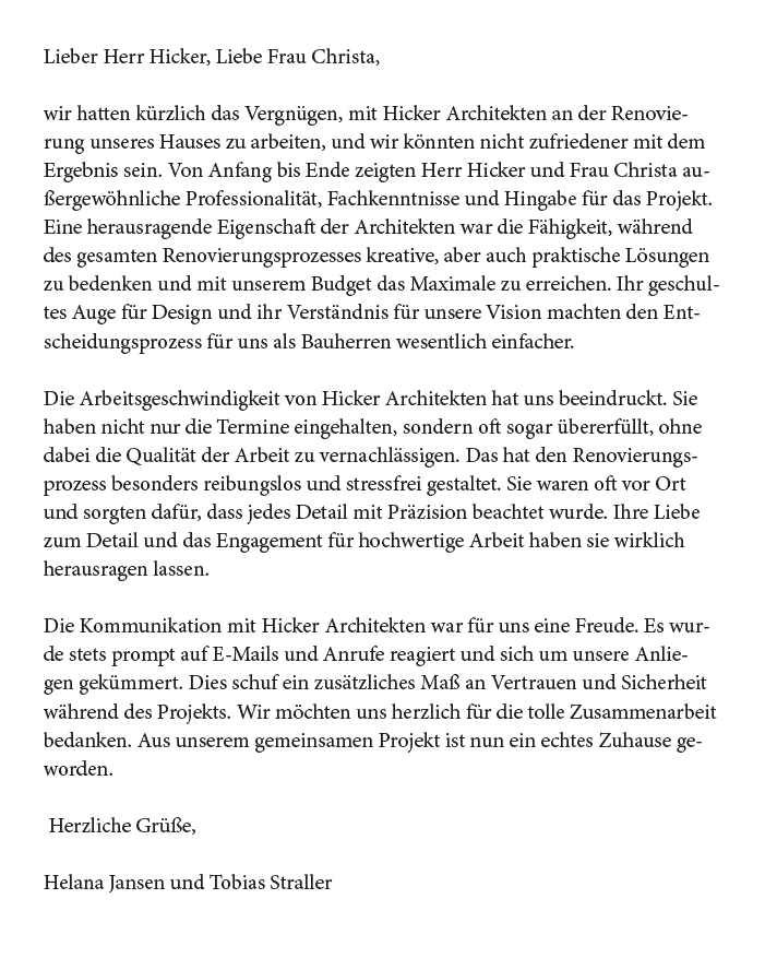 Referenzschreiben Haus JS, Kissing