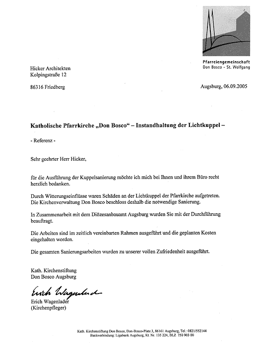 Refernezschreiben Hicker - Don Bosco, Augsburg