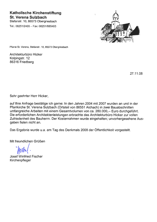 Referenzschreiben Hicker - St. verena, Sulzbach