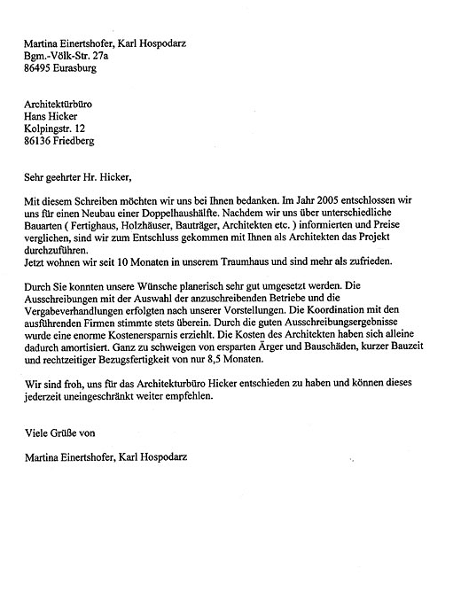 Referenzschreiben Einertshofer Hospodarz