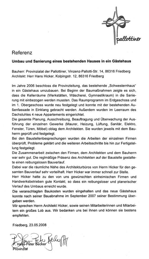 Referenzschreiben Hicker Palottiner