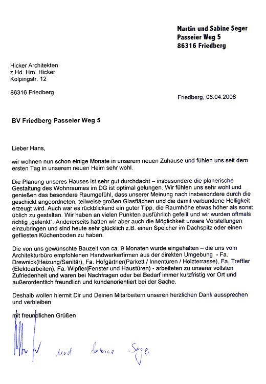 Referenzschreiben Seger