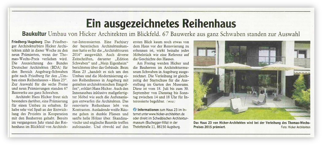 Hicker architekten Presse Zeitungsartikel zur Pr&auml;mierung mit dem Thomas Wechs Preis 2015 